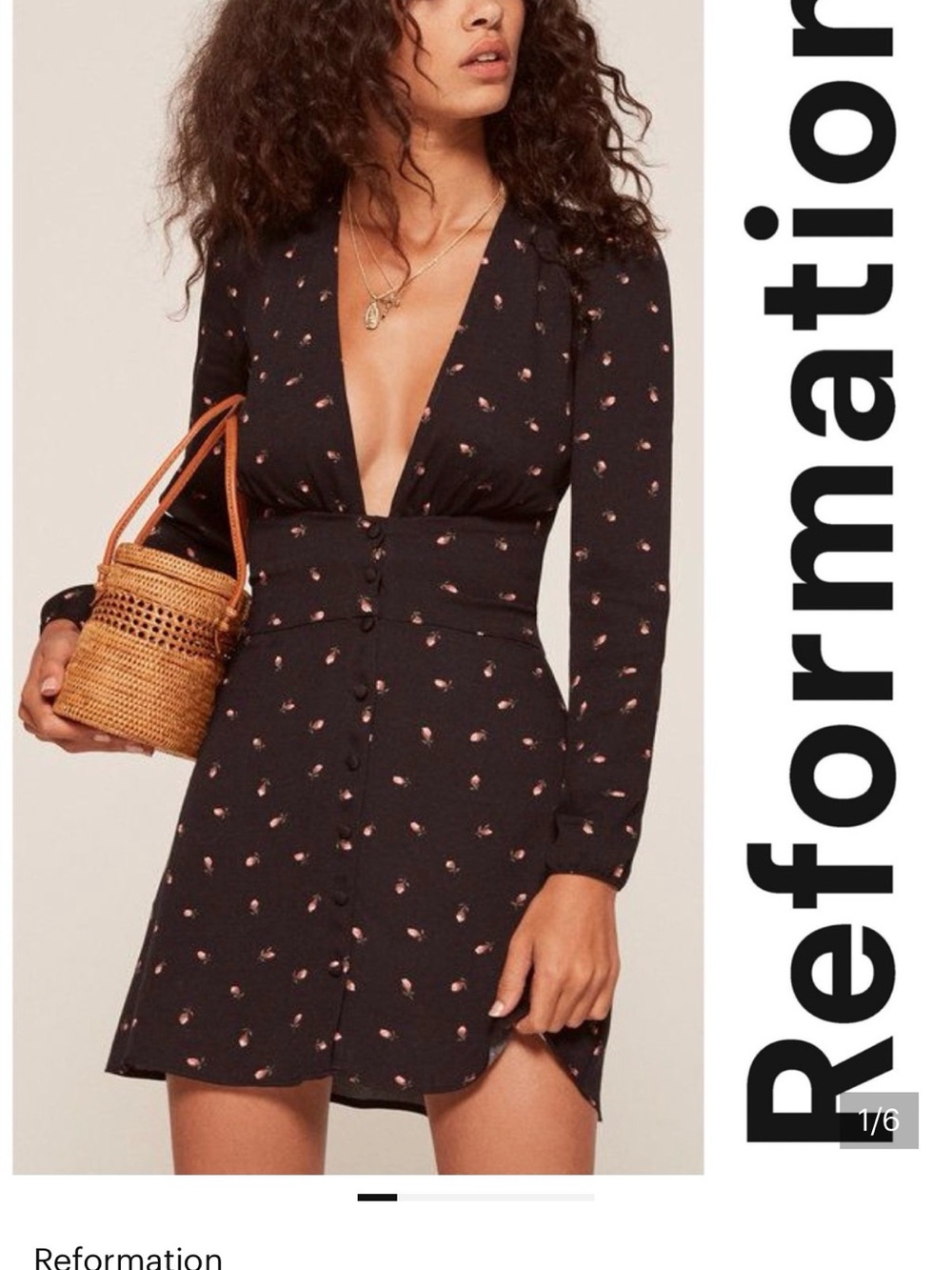 Reformation Elizabeth Mini Black Dress with Pink Floral Motif